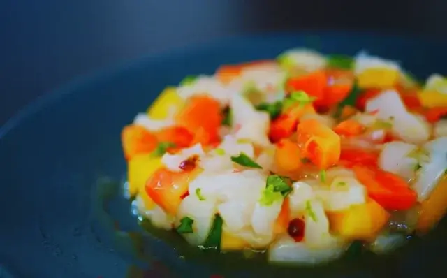 Tártaro de vieira com manga e coentros-Receitas